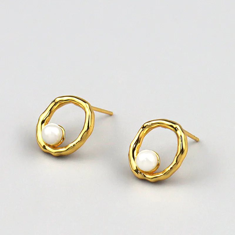 Gold Fashion Design New Model geometry pearl pierce Girl 925 Sterling Silver Earrings