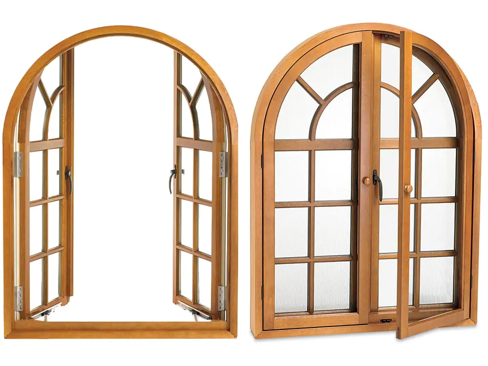 Factory Price Wooden Frame Tempered Glass French Arched Casement Window With Grilles