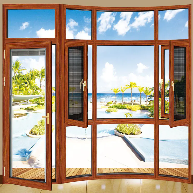 High-end aluminum frame tempered glass casement swing window with mosquito net