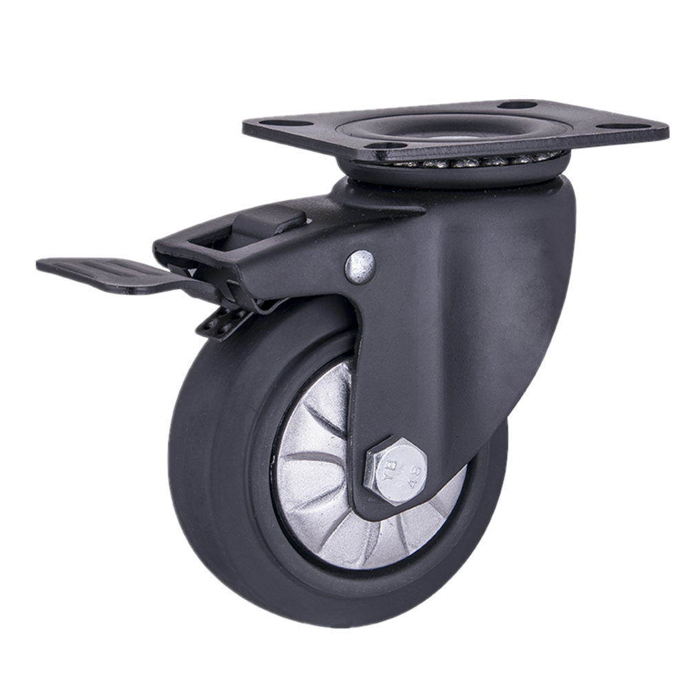 4"Retractable Warehouse and Transportation Trolley Swivel Total Brake Black Elastic Thermoplastic Rubber Caster