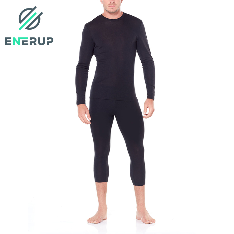 enerup high quality winter warm 100% merino wool fabric seamless sports thermal underwear set for mens
