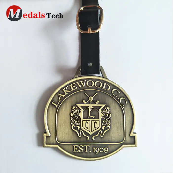 Custom embossed logo antique bronze golf bag tag with strap