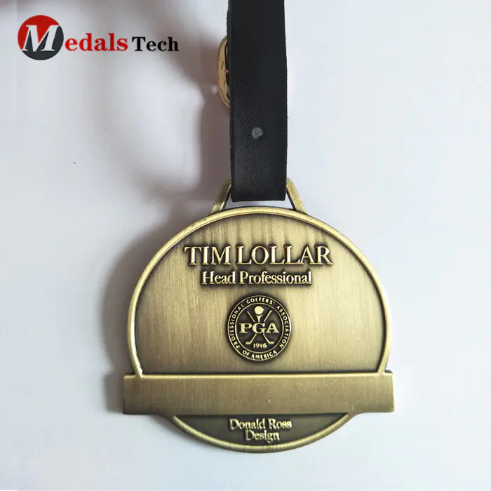 Custom embossed logo antique bronze golf bag tag with strap