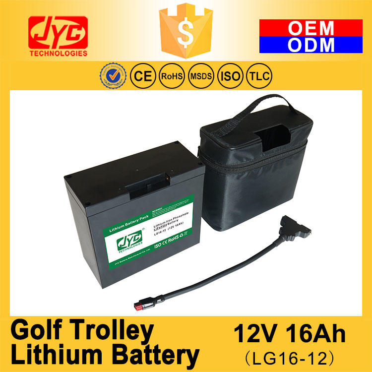 With T-bar Connector and Bag and Charger 12V 16ah Cycle Life>2000 Cycles for Lifepo4 Electric Golf Trolley Lithium Battery