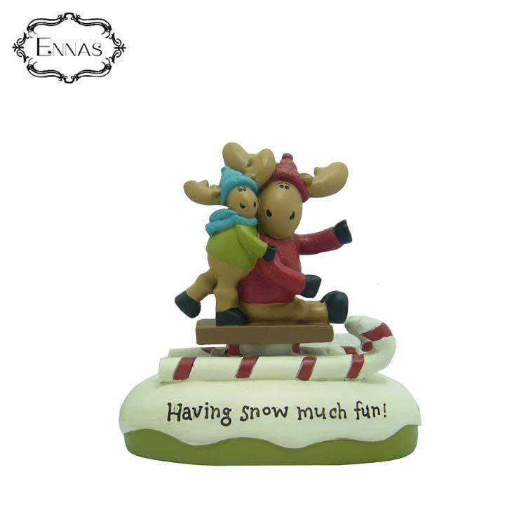Moose sledding figure with 'snow much fun' letters home decoration sculpture animal statue craft