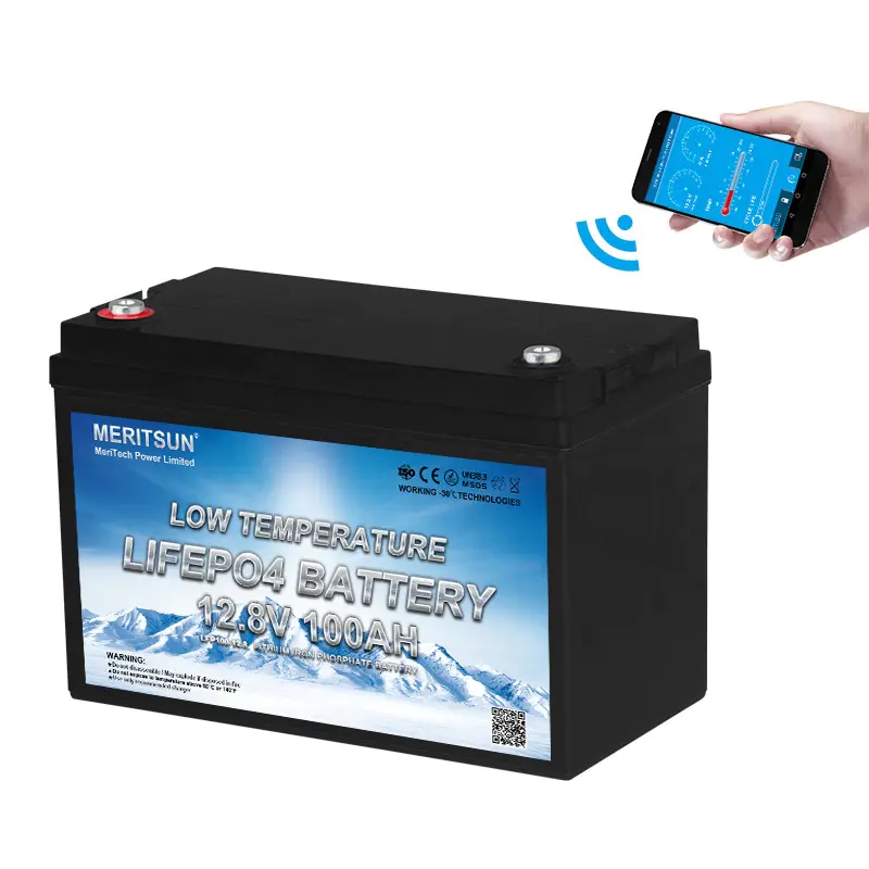 MeritSun 12V 100Ah lithium battery for camper rv truck with low temp protect pre heating ABS reinforce holder