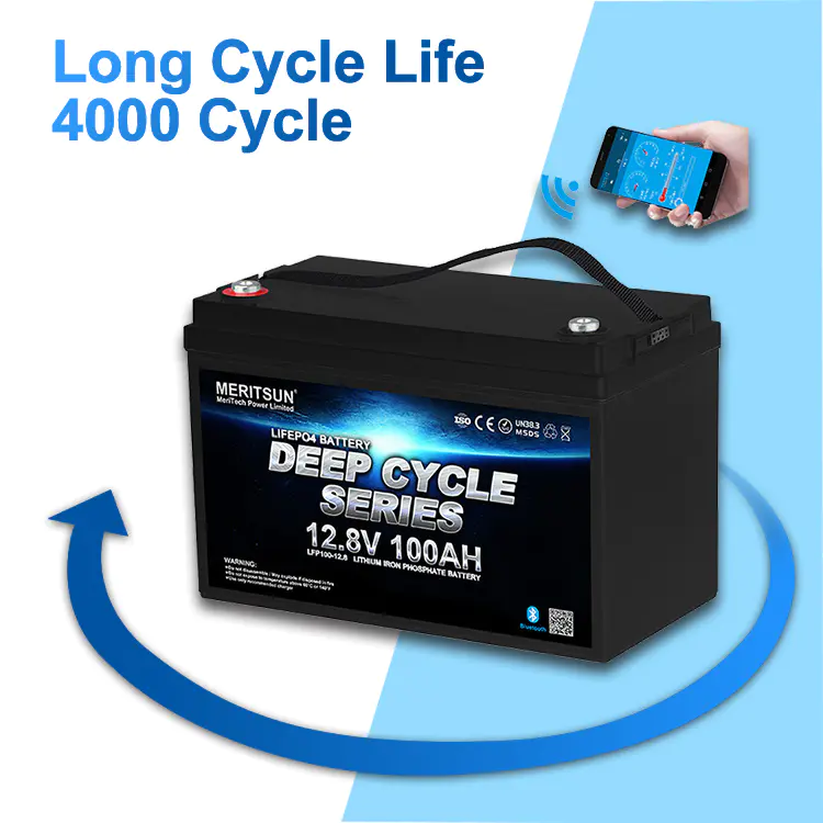 Lipo Battery 12v 100ah Lifepo4 Battery Free MERITSUN APP Control 10 Years >4000 Cycles @1C 80%DOD