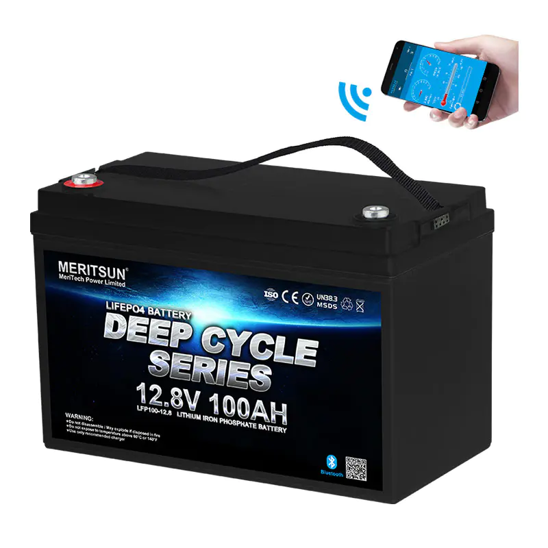 Lipo Battery 12v 100ah Lifepo4 Battery Free MERITSUN APP Control 10 Years>4000 Cycles @1C 80%DOD