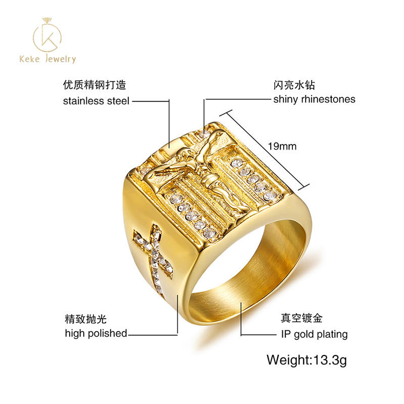 Chinese Manufacturer Wholesale Titanium steel with rhinestone cross Jesus men's gold ring RC399