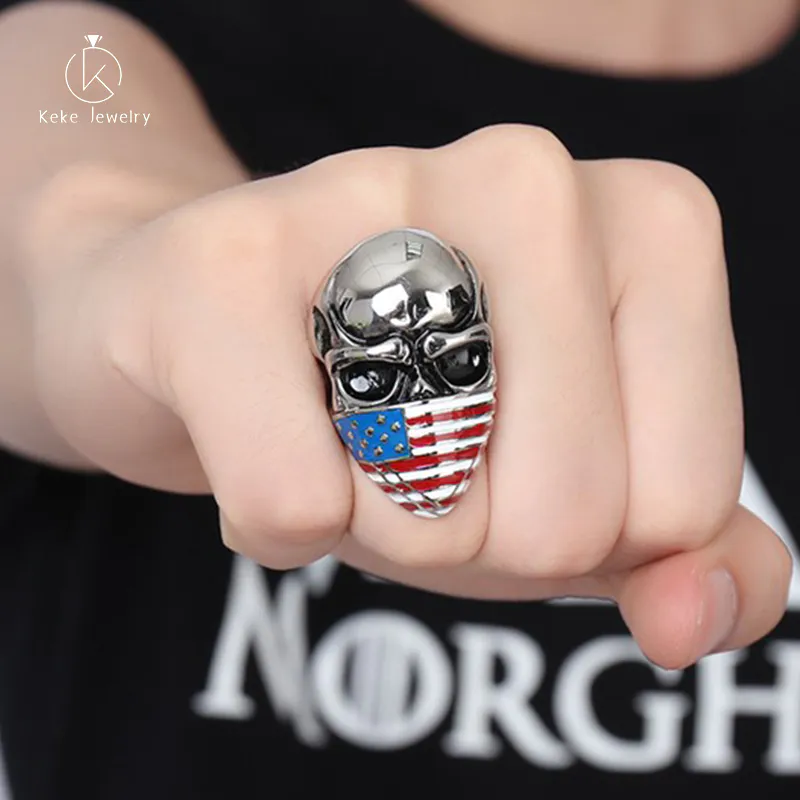 Stainless steel punk European and American style 40MM stainless steel American flag ghost head ring jewelry wholesale RC-302