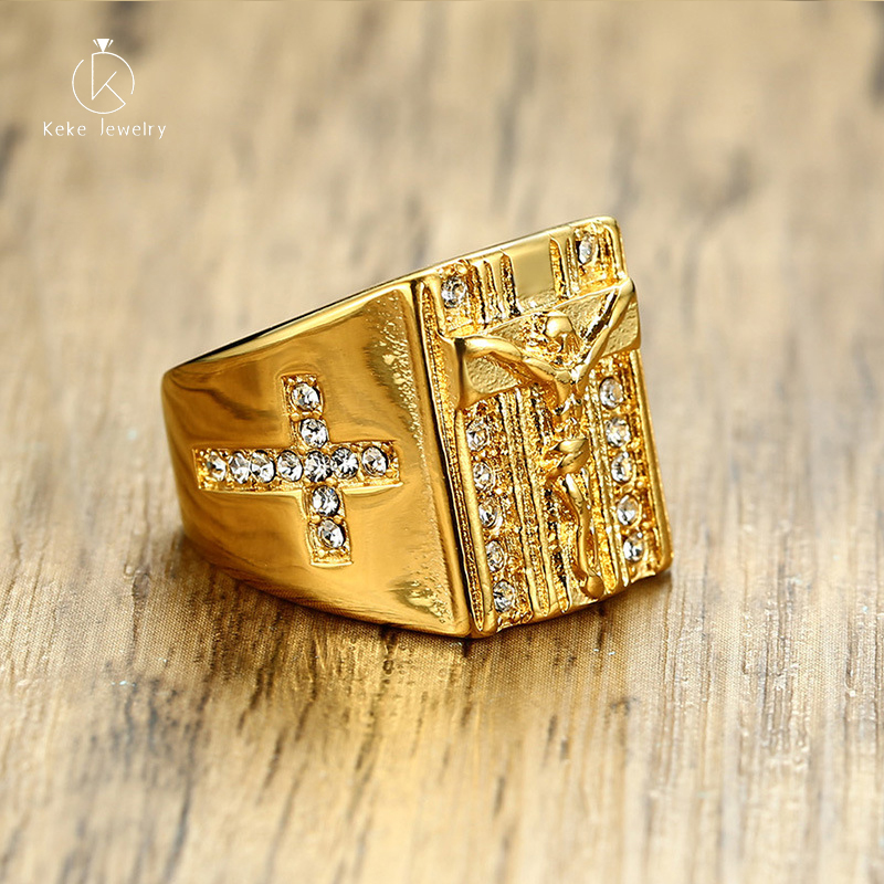 Chinese Manufacturer Wholesale Titanium steel with rhinestone cross Jesus men's gold ring RC399