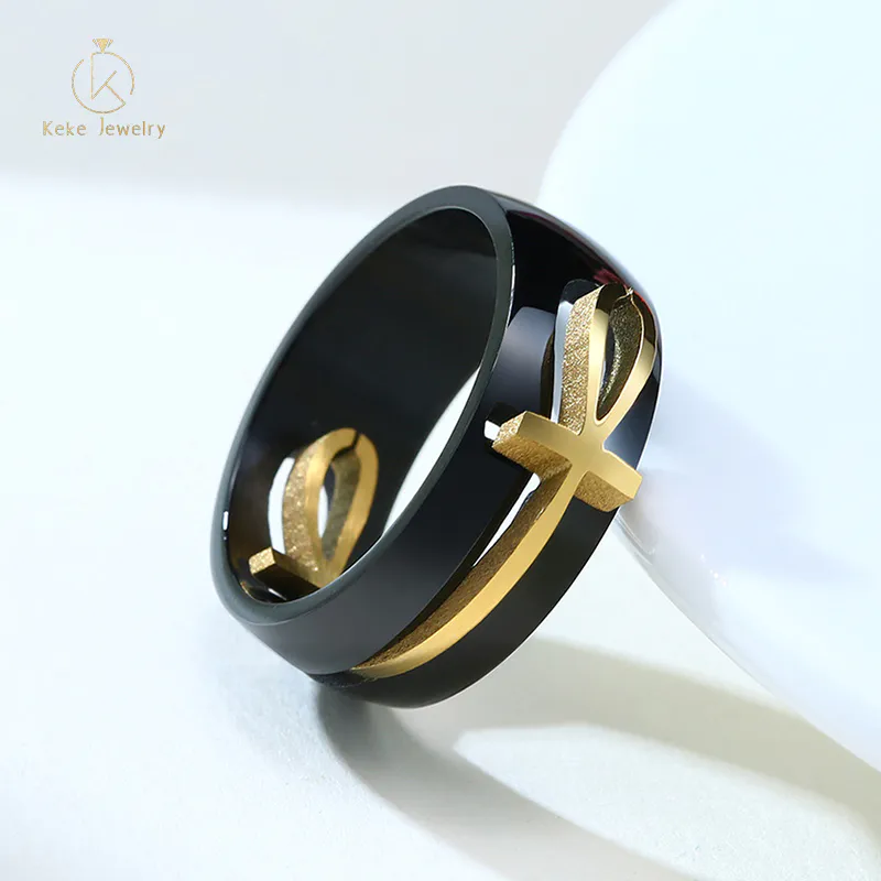 Hot Selling New Product Stainless Steel Cross Black/Gold Men's Ring R-367