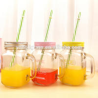 New products 2015 lead free glass mason jar with lid and straw, mason jar with handle and straw