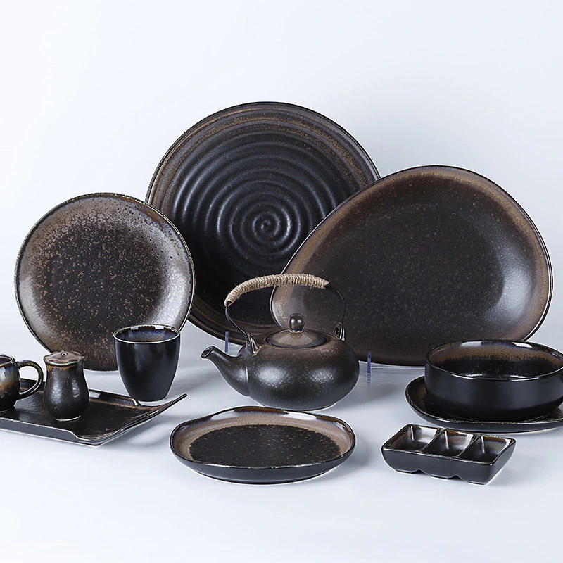 Japanese Style Restaurant Porcelain Dinnerware Black Ceramic Tableware Sushi Plate Set^