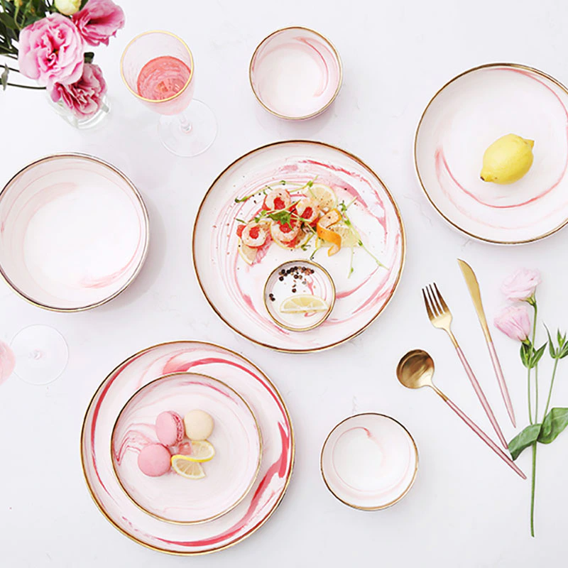 Hotel Coffee Restaurant Catering Porcelain Catering PlatesGolden Plate Wedding Pink Marble Dinner Plate%