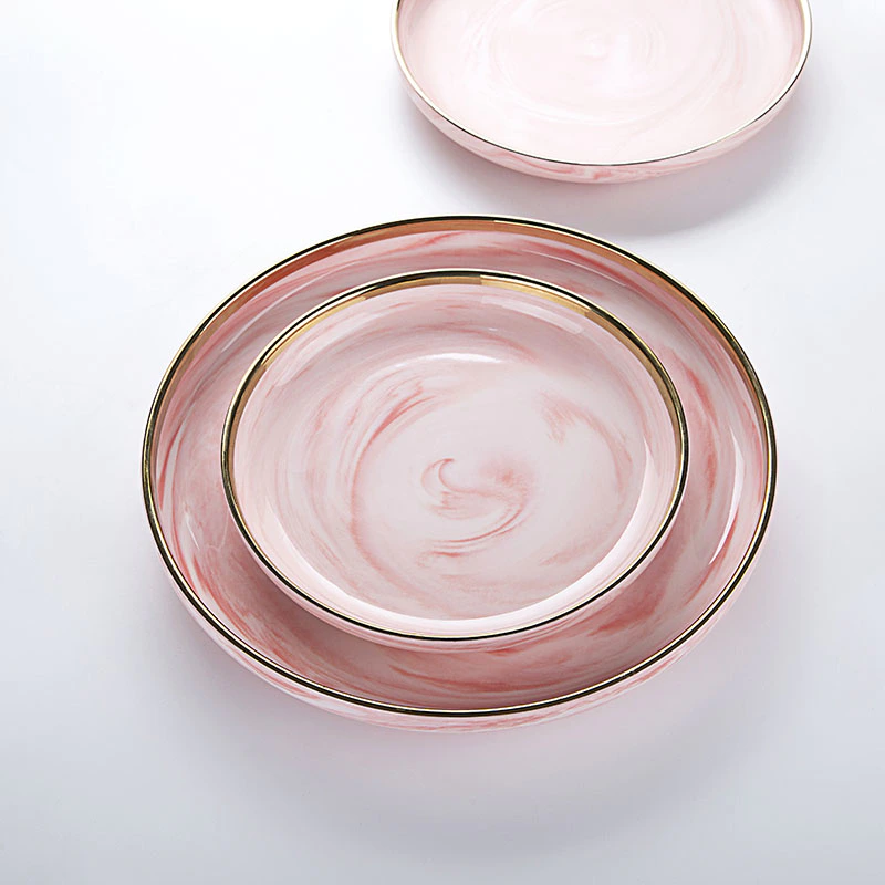 Porcelain Dinnerware Gold Rim Pink Ceramics Plate, Nordic Porcelain Dinner Dishes, Crockery Tableware for Restaurant