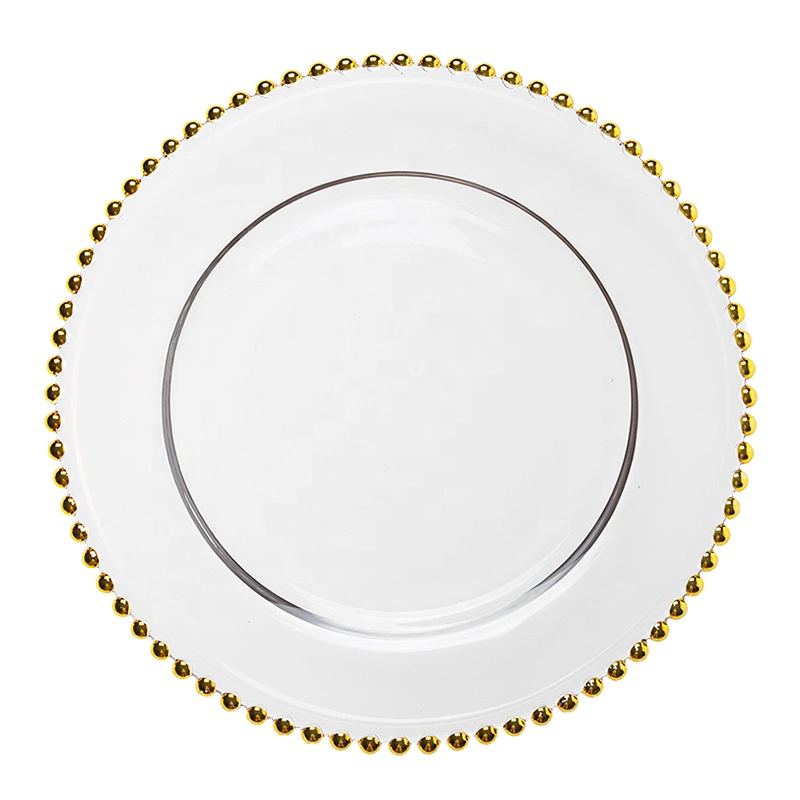 Wholesale Wedding Party Glass Charger Plates 8.25 Inch Gold Beaded Dinner Serving Plates for Banquet