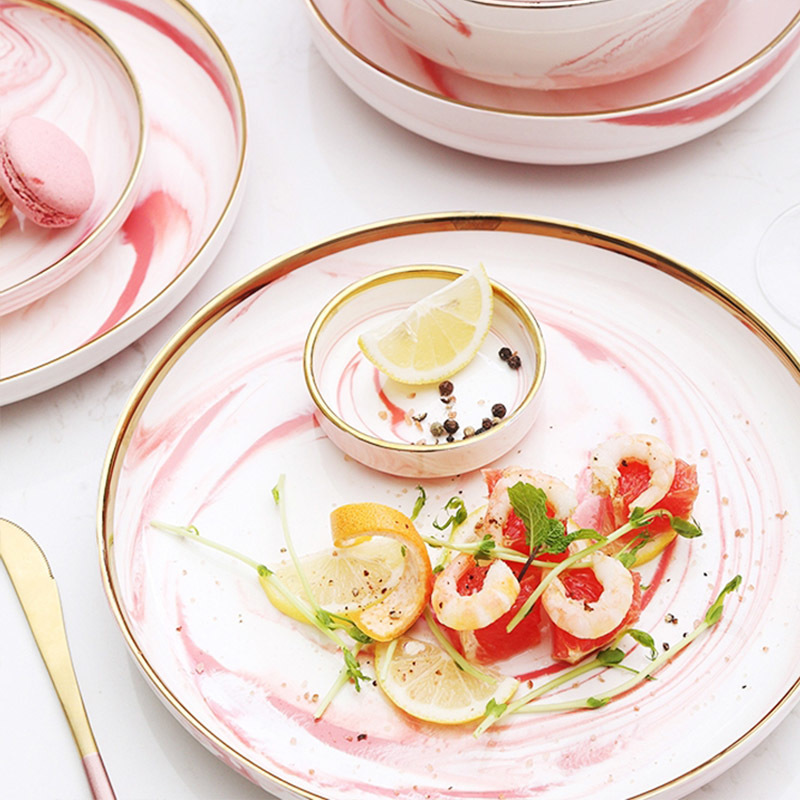 Porcelain Dinnerware Gold Rim Pink Ceramics Plate, Nordic Porcelain Dinner Dishes, Crockery Tableware for Restaurant
