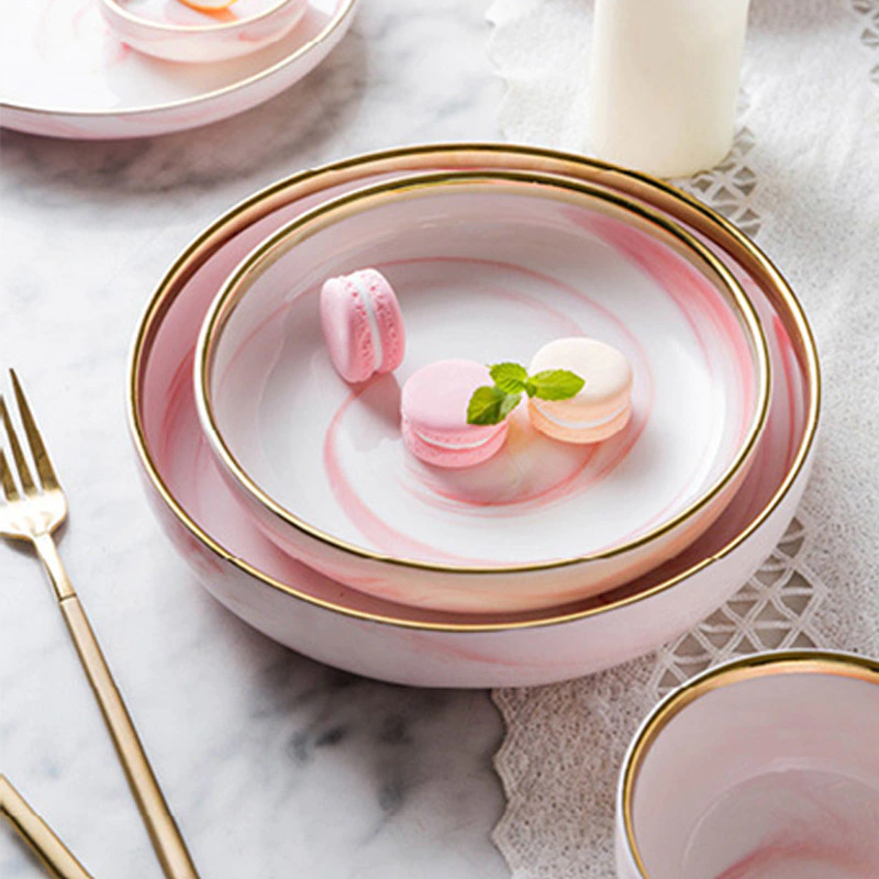 Luxury Hotel Supplies China Tableware, Hotel Restaurant Catering Porcelain Dinnerware Golden Plate Wedding Pink Marble Plate%