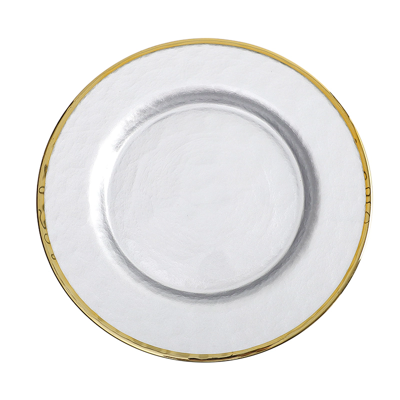 Color Changing Antique Gold Rim Glass Charger Plates Wedding Catering Plates for Banquet