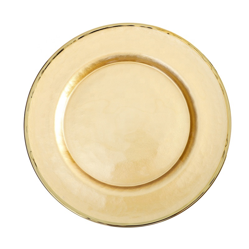 Color Changing Antique Gold Rim Glass Charger Plates Wedding Catering Plates for Banquet