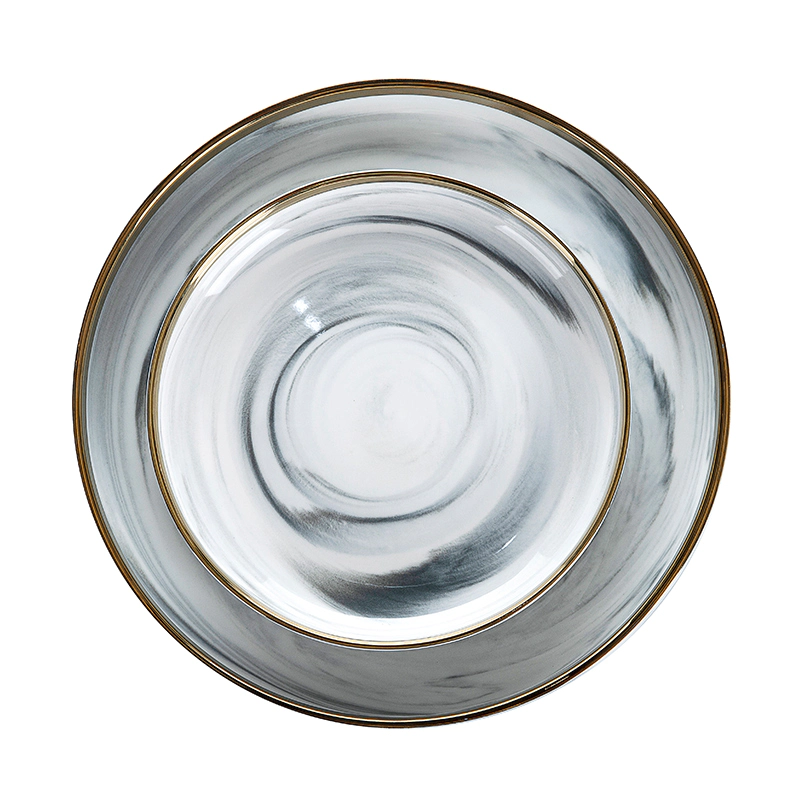 Durable Dishwasher Safe High Temperature Banquet Catering Serving Dishes, Marble Ceramic Crockery Gold Plates&