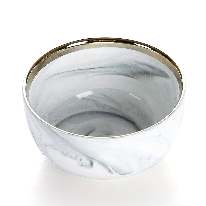 European Gold Rim Japanese Bowl, Latest Product Gold Rim Grey Porcelain Marble Cereal Ceramic Bowl@