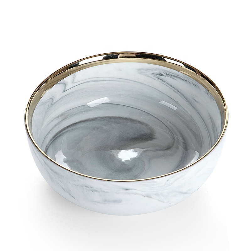 Hotel Supplies Gold Rim China Soup Bowl, Latest Product Gold Rim Grey Tableware Marble, Salad Bowl~