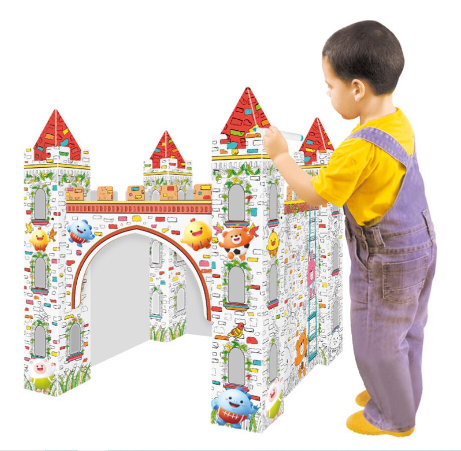 custom wholesale hot sale educational diy painting paper houses toys corrugated folding cardboard train playhouse for kids