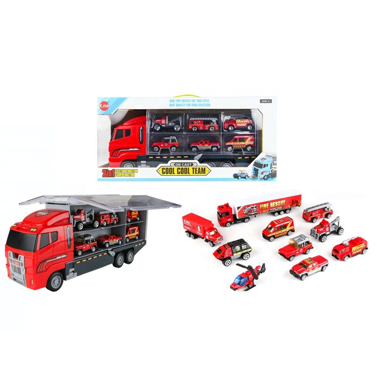 Top selling kids diecast fire vehicles set model transport toy container truck