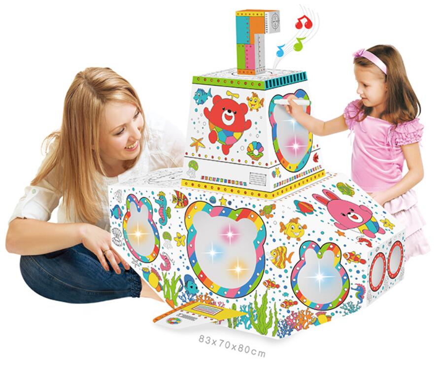 factory custom OEM color your own palyhouse ,cottage, diy cardboard kids foldable playhouse