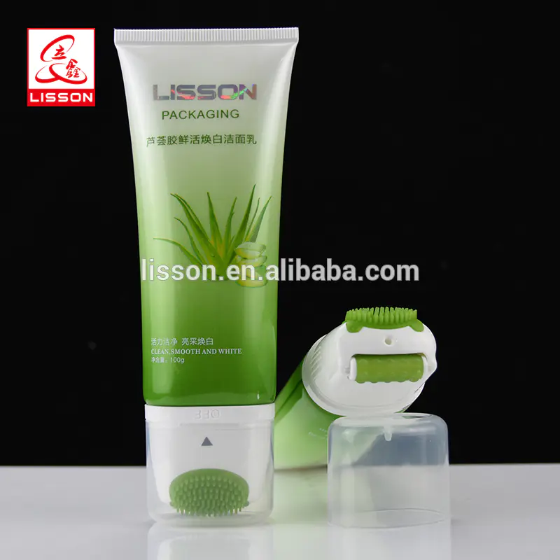 Plastic Packaging Tube For Facial Cleanser With Silicone Brush And Roller Applicator