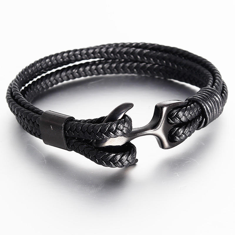 Black Leather Woven Stainless Steel Cheap Simple Black Anchor Bangle