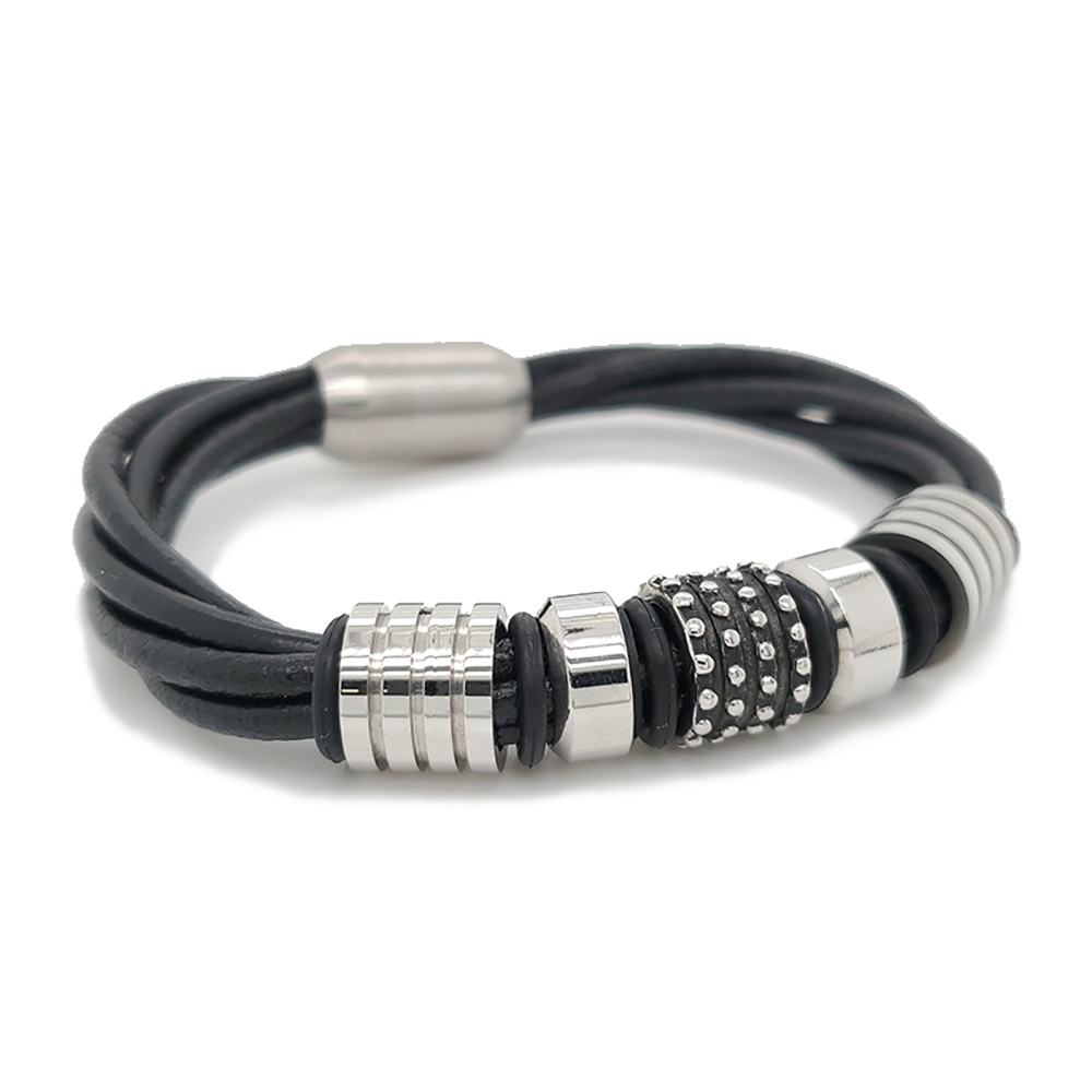 Stainless Steel Trendy Black Leather Cuff Bracelet