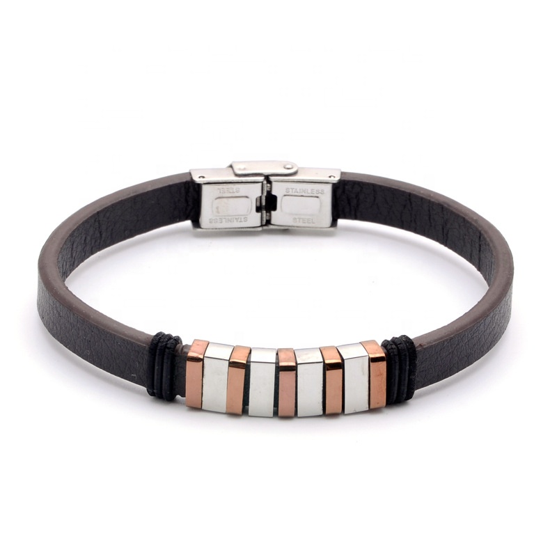 Stainless Steel Two Color Square Beads Black Leather Fret Men Bracelet 2020
