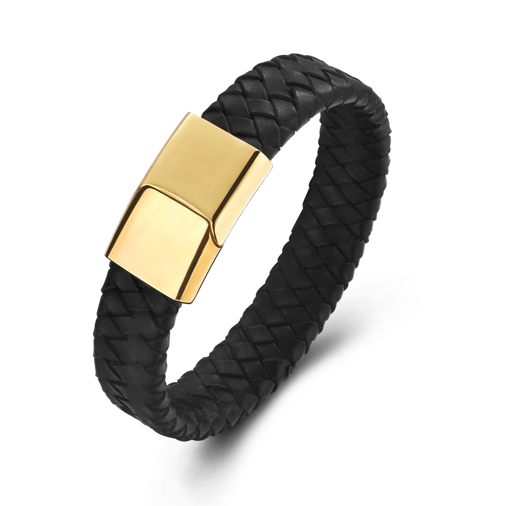 Gold Clasp Men Black Leather Custom Woven Friendship Bracelets