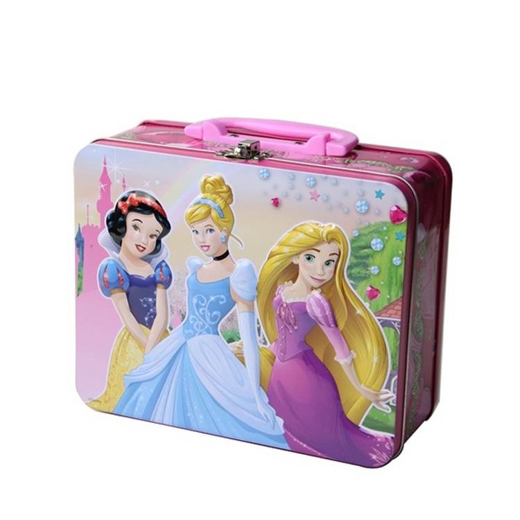 Good quality cartoon character portable metal tin cute lunch box with lock and key for kids school use
