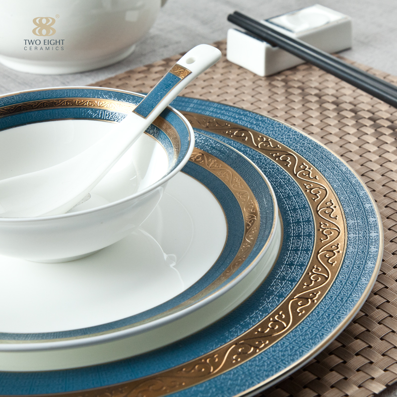 Dubai Mid East Persian decorative blue gold and bone china crockery setsserving dishes plate for hotel