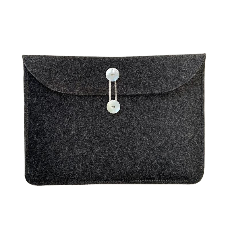 Charcoal Wool Felt Laptop Case 13" Mac / Notebook -Minimalist Envelope Design - Protective Cush bag