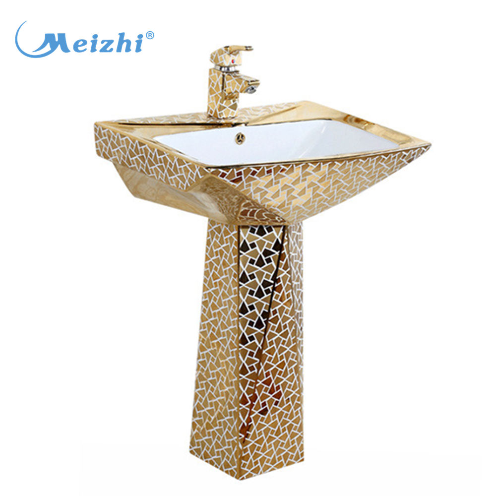 Ceramic golden pedestal wash basin for washroom