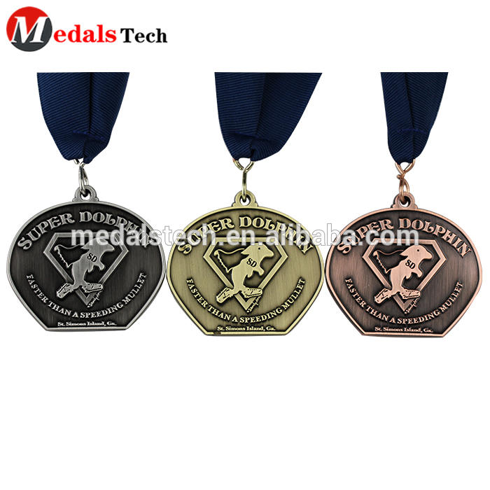 Creative shaped unique marathon finisher gold silver and bronze medals with lanyard