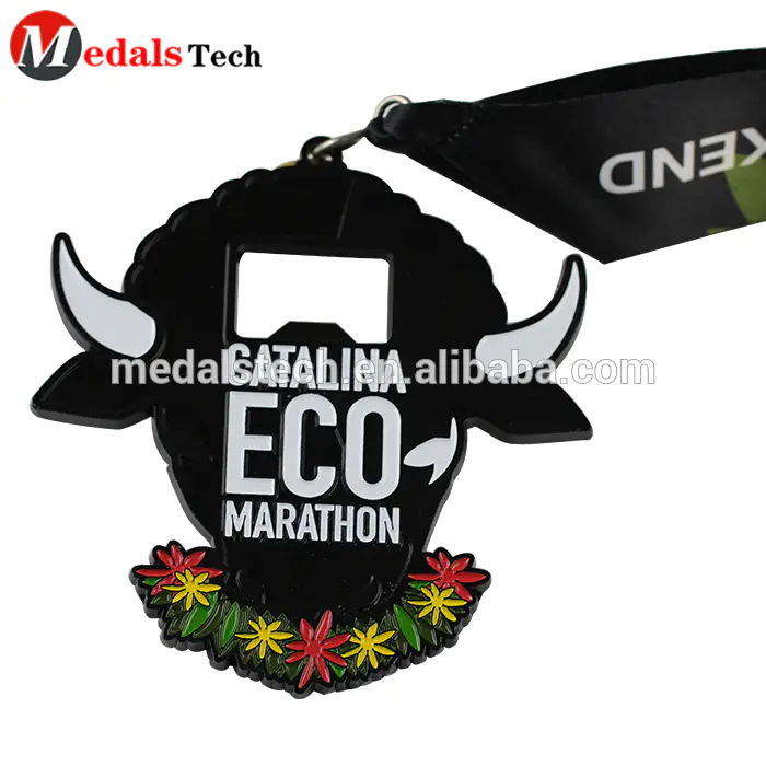 Matt Black Plating Metal Zinc Alloy 3D Embossed Cattle shape beer sponsorship race marathon bottle opener medals with ribbon