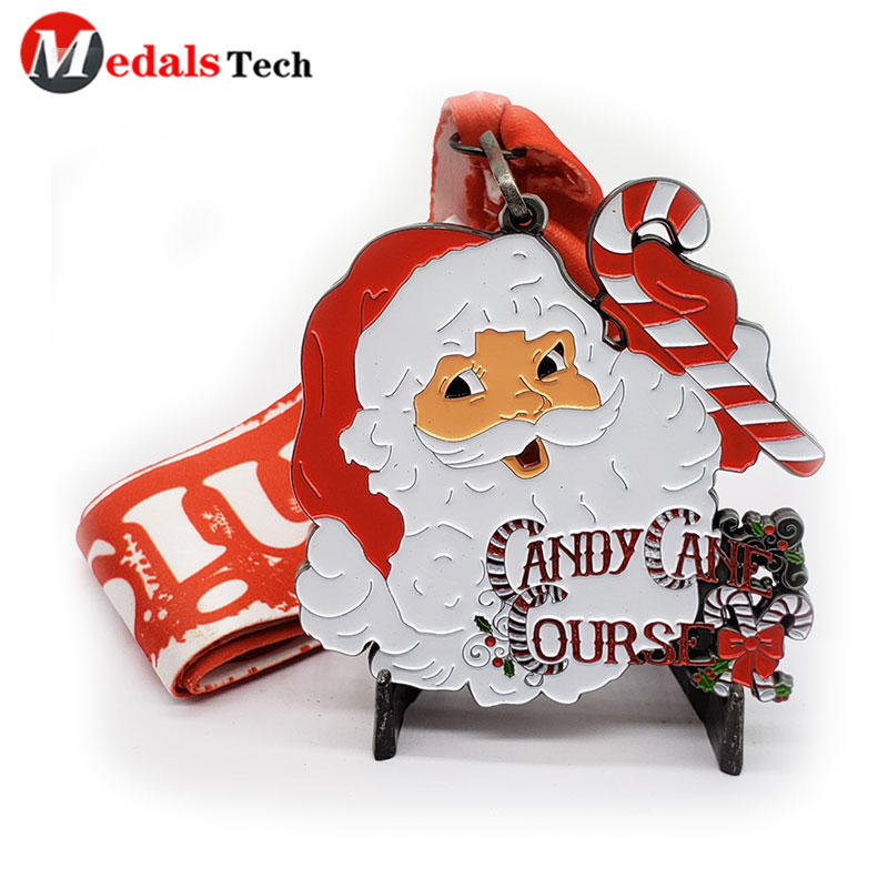 Custom city marathon event 3d round embossed laser Santa Claus metal silver metal medal with red ribbon