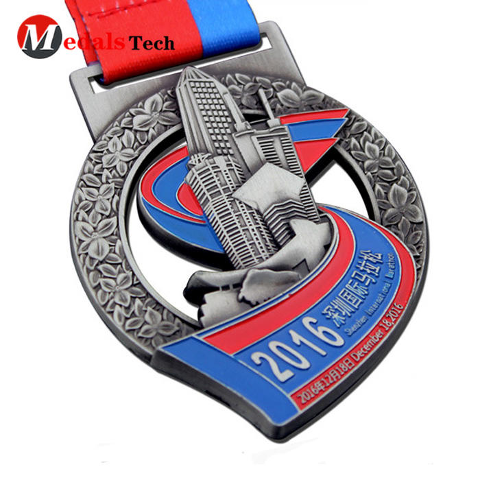Fast delivery 5000m Timing challenge heart logo antique silver sports run achievement medals