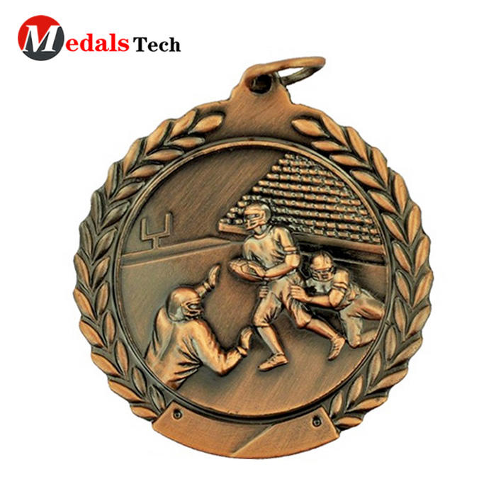 Factory direct sale high quality 3d embossed logo metal rugby football antique gold medal