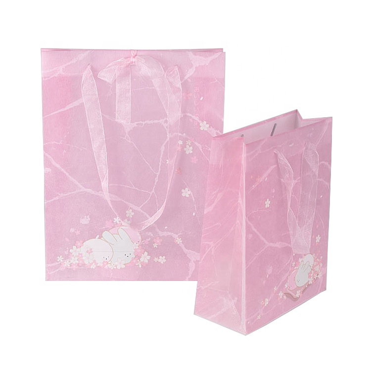 New Material Eco Friendly Biodegradable Reusable Pink Non-woven Shopping Gift Bag with Ribbon Handle