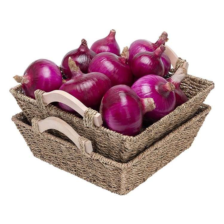 unique design fruit and vegetable storage basket eco-friendly hand woven seagrass baskets with wooden handle 12.2"x12.2"x3.9"