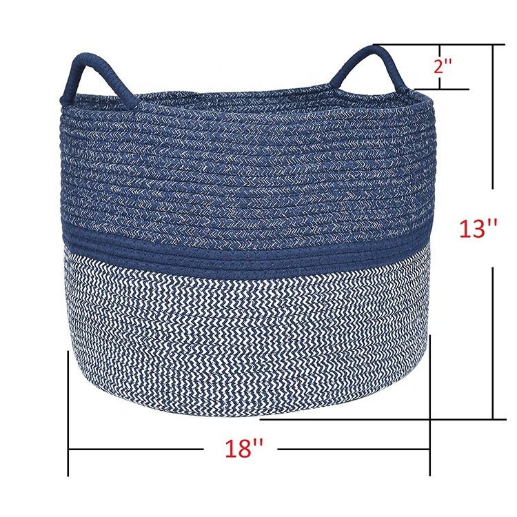 2020 new design large blue cotton rope sewing folding clothes storage basket with handle