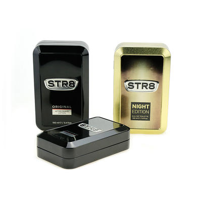 Fancy matte black tin perfume box luxury packaging solid perfume tin box for perfume