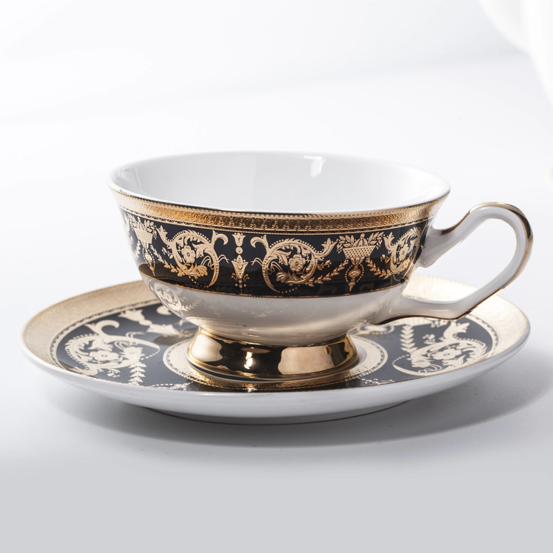 Dubai Black Embossed Bone China Crockery Golden Coffee Set Tea Set, Restaurant Modern Luxury Dinnerware Coffee Set>
